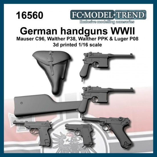 1/16 WWII German Handgun Mauser C96, Walther P38, Walther PP, Luger P08