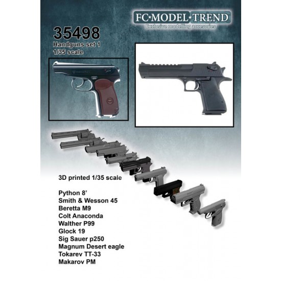 1/35 Hand Guns - Python 8', Smith & Wesson 45, Beretta M9, Colt Anaconda, Walther P99 