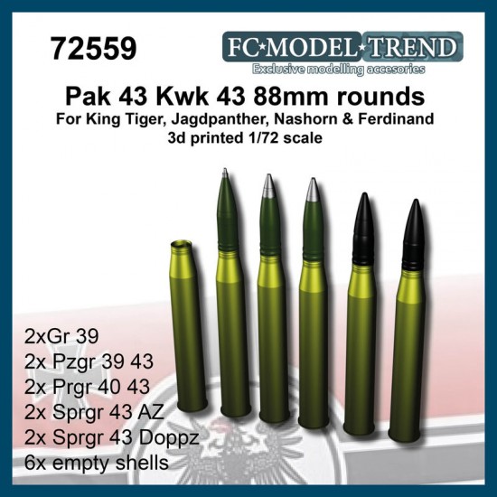1/72 88mm Rounds Ammunition for Pak43/Kwk 43, King Tiger, Jagdpanther, Nashorn, Elefant