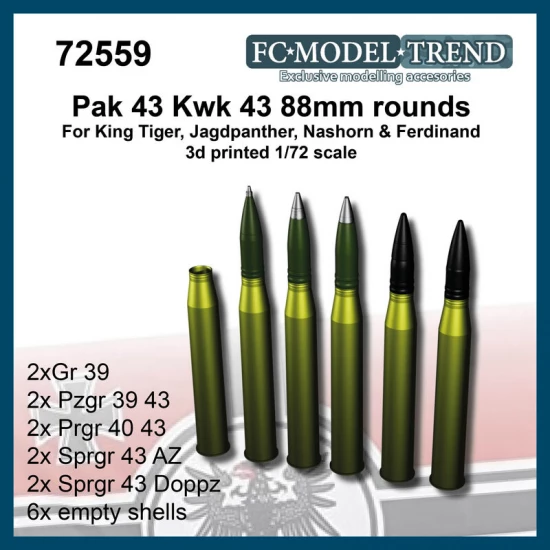 1/72 88mm Rounds Ammunition for Pak43/Kwk 43, King Tiger, Jagdpanther, Nashorn, Elefant