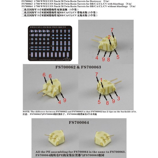 1/700 WWII USN 5inch/38 Twin Resin Turrets #2 for BB/CA/CL/CV w/Blastbags (5pcs)