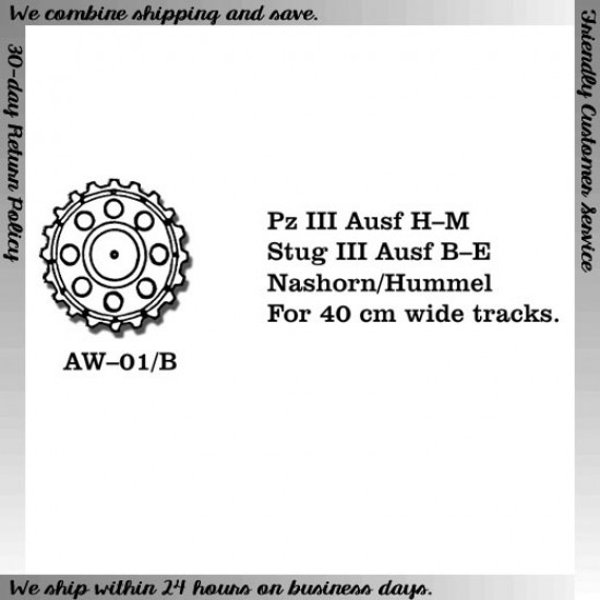 1/35 Pz III Ausf H-M, Stug III Ausf B-E, Nashorn/Hummel Metal Wheels for 40cm wide tracks