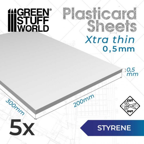 Styrene Plastic Sheets (thickness 0.5mm, 200x300mm, 5pcs)