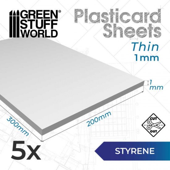 Styrene Plastic Sheets (thickness 1mm, 200x300mm, 5pcs)