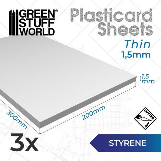 Styrene Plastic Sheets (thickness 1.5mm, 200x300mm, 3pcs)