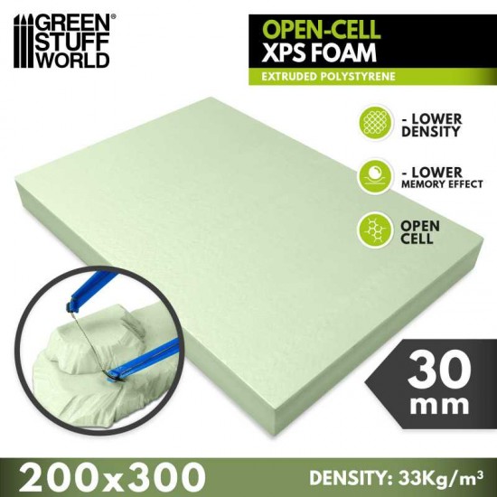 30mm Polystyrene Open-Cell XPS Foam (200 x 300mm, density: 33 kg/m&sup3;)