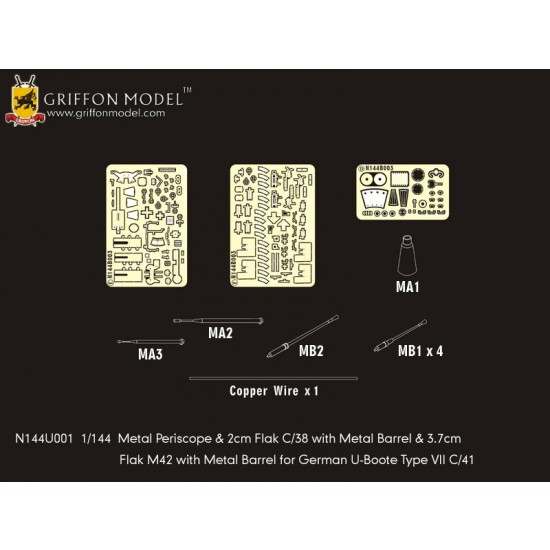 1/144 U-Boot VII C/41 Metal Periscope &2cm Flak C/38&3.7cm Flak M42 for Revell 05100