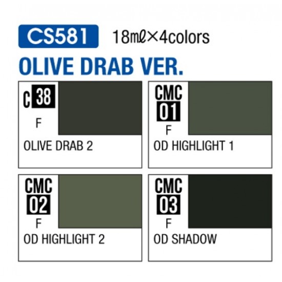 Mr Color Modulation Paint Set - Olive Drab Colour (4x 18ml) GSI Creos CS581