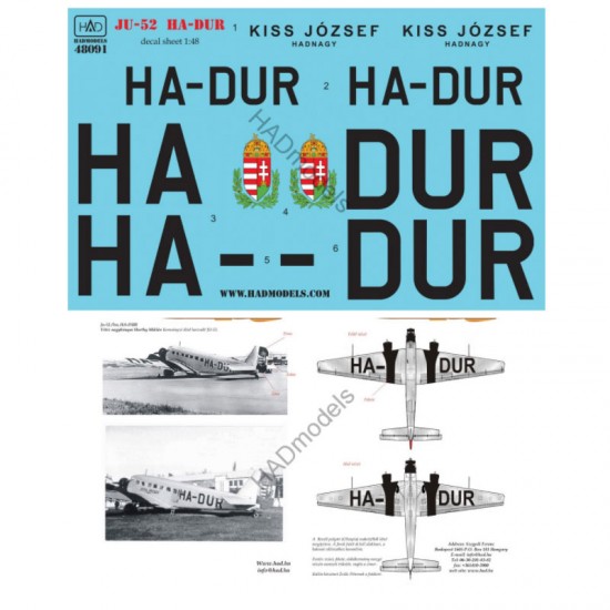 Decals for 1/48 Ju-52/3m (HA-DUR Miklos Horthy's Plane)