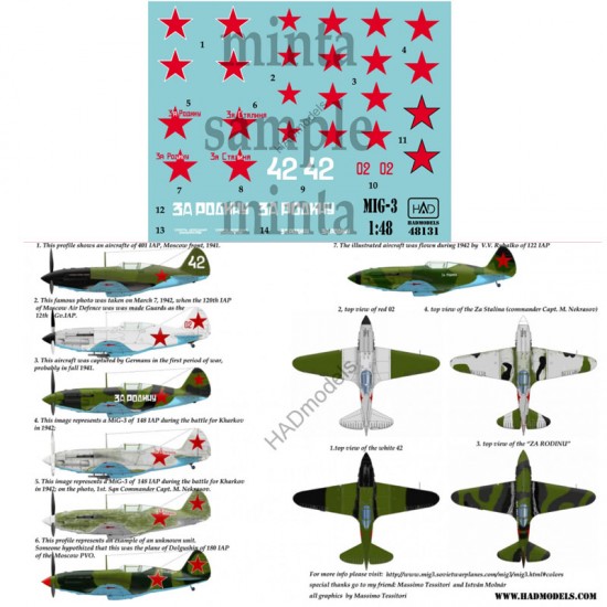 Decals for 1/48 MiG-3 (Russian white 42, red 02, Za Rodina & Za Stalina)