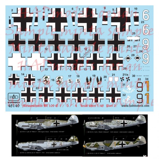 Decals for 1/48 Me Bf 109 E 1/3/4 Part.2 (white 9/6, Black 9 Schnauzl & yellow 1)