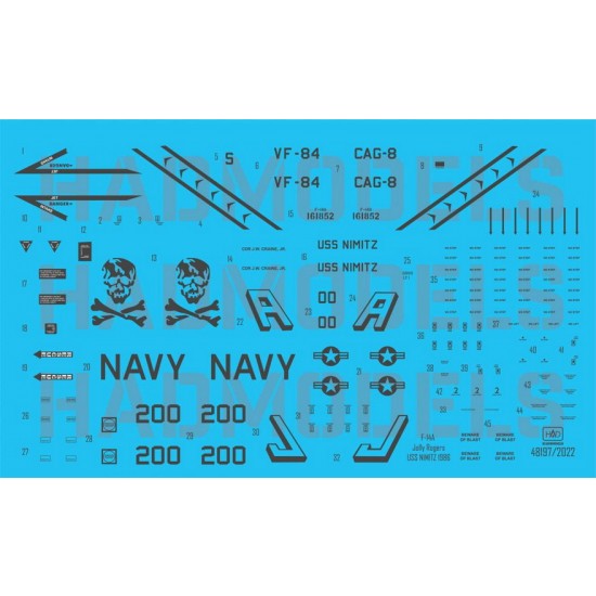 Decals for 1/48 Grumman F-14A Tomcat Vf-84 Jolly Rogers 200 Low Visibility