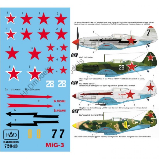 Decals for 1/72 MiG-3 (white 28, yellow9, black7 w/Za Stalina, Za Rodinu)