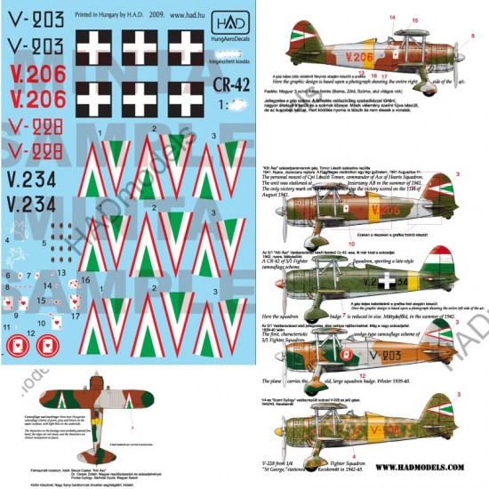 Decals for 1/72 Hungarian Fighters CR-42 (HAF V203/206/228/234)