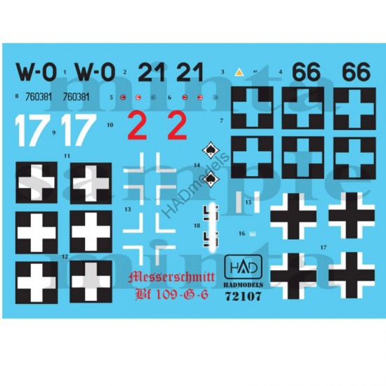 Decals for 1/72 Messerschmitt Bf 109 G-6 HAF W02/066, red 2, Luftwaffe white 17)