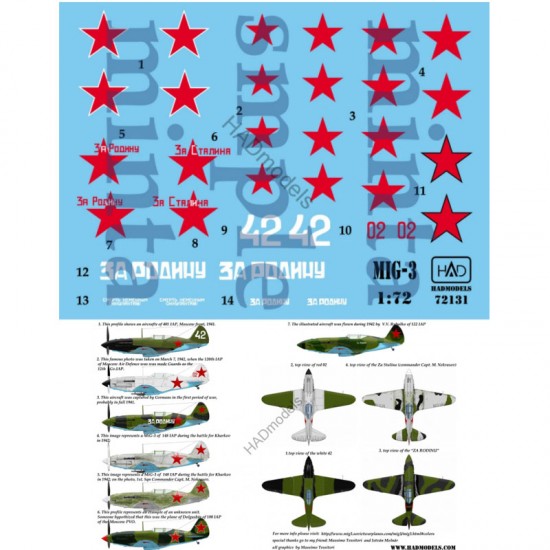 Decals for 1/72 MiG-3 (Russian white 42, red 02, Za Rodina, Za Stalina)