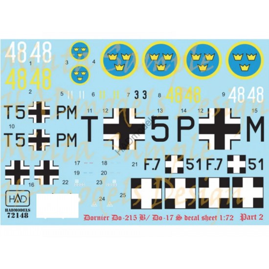 Decals for 1/72 Hungarian/Swedish/German Dornier Do-215 B/Do-17 S