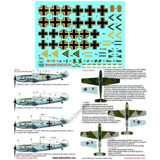 Decals for 1/72 Me Bf 109 E 1/3/4 (Kieki, Grace, Fortuna, Motti)