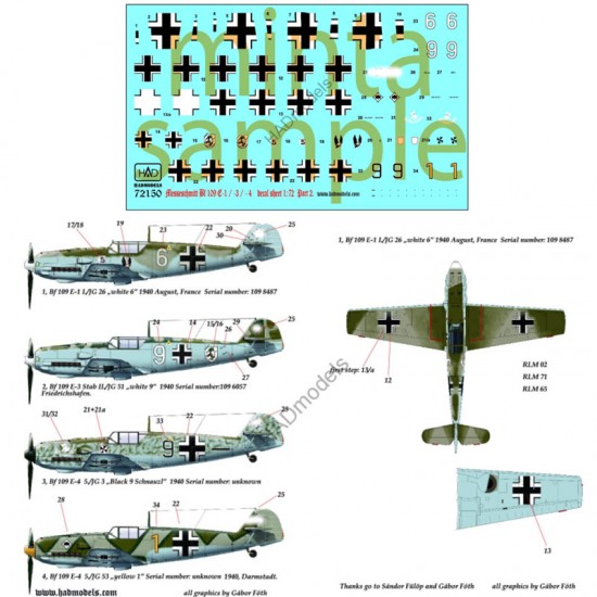 Decals for 1/72 Me Bf 109 E 1/3/4 Part.2 (white 9/6, Black 9 Schnauzl, yellow 1)