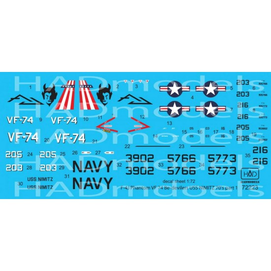 Decals for 1/72 McDonnell Douglas F-4J Phantom VF 74 Be-devilers USS NIMITZ 70's part 1 