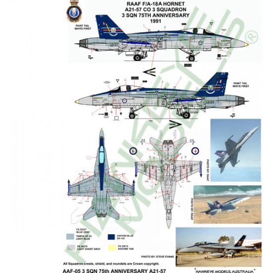 RAAF Decals for 1/32 F/A-18A Hornet 3 SQN 75th Anniversary Scheme 1991 A21-57