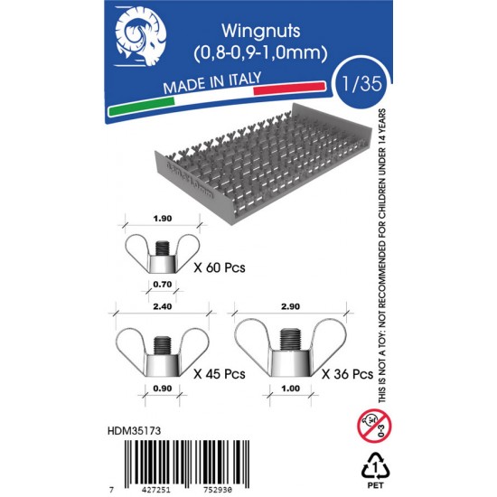 1/35 Wingnuts: Dia. 0.7x1.9mm (60pcs), 0.9x2.4mm (45pcs), 1.0x2.9mm (36pcs)