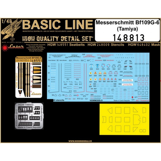 1/48 Messerschmitt Bf 109G-6 Seatbelts, Stencils & Mask for Tamiya kits