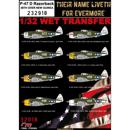 Decals for 1/32 P-47D 58 Th Fg Over New Guinea (wet transfers)
