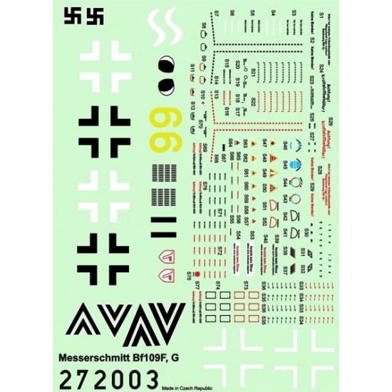 1/72 Messerschmitt Bf 109F/G Stencils for AZ Model kit (Wet Transfers)