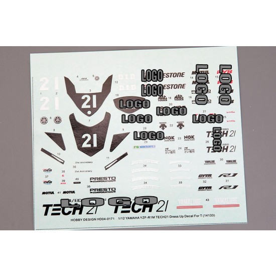 1/12 Yamaha YZF-R1M "Tech21" Dress UP Decal for Tamiya kit #14133