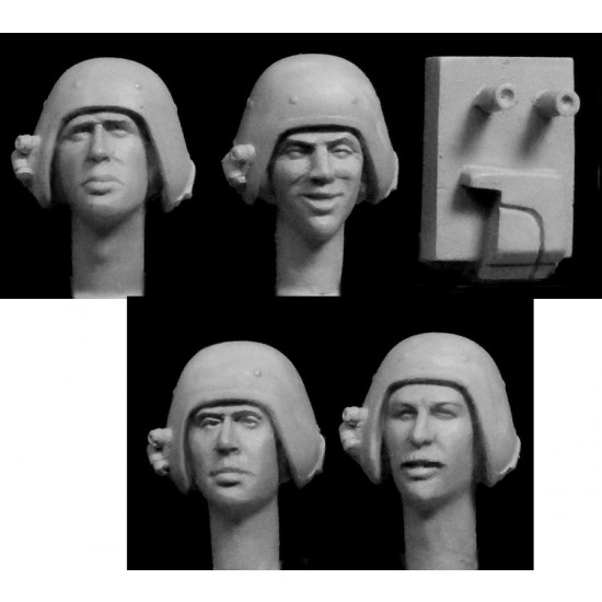 1/35 4x Heads with British 1970s Dan Dare Tank Helmets & mic jig