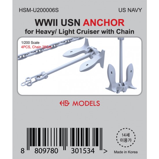 1/200 WWII USN ANCHOR (4pcs) for Heavy/ Light Cruiser w/28cm Chain