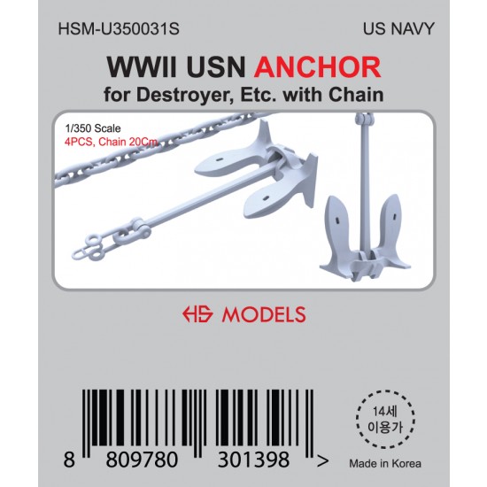 1/350 WWII USN ANCHOR (4pcs) for Destroyer, Etc. with 20cm Chain
