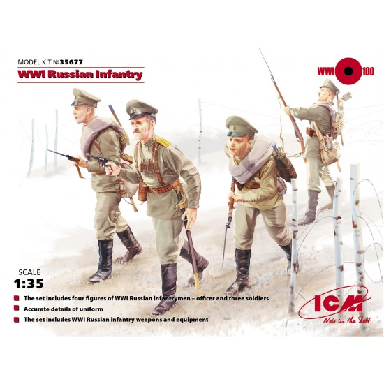 1/35 WWI Russian Infantry (4 figures, 1 Officer&3 Soldiers) w/Weapons and Equipment