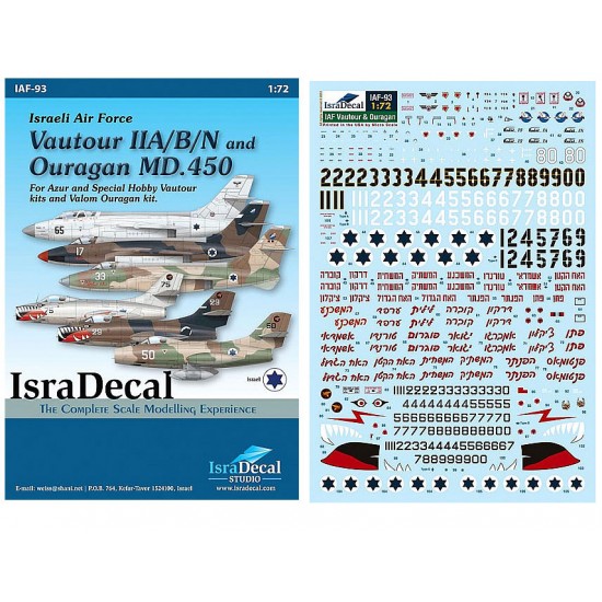 1/72 IAF Vautour IIA/B/N & Ouragan MD.450 Decals for Azur/Special Hobby kits