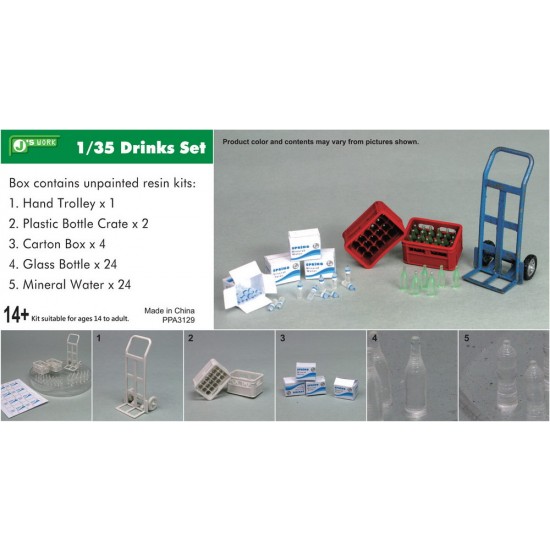 1/35 Drinks Set (Hand Trolley+Plastic Bottle Crate+Carton Box+Glass Bottle+Mineral Water)