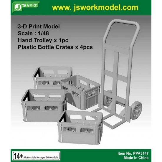 1/48 Hand Trolley (1pc) & Plastic Bottle Crates (4pcs) 3D Print Resin