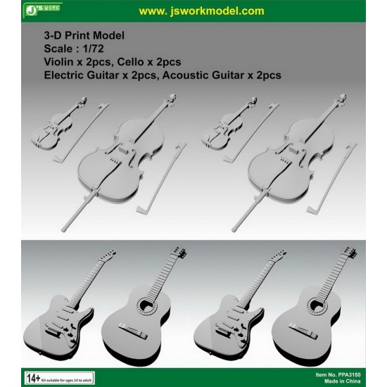 1/72 Violin (2pcs), Cello (2pcs), Electric Guitar (2pcs) & Acoustic Guitar (2pcs)