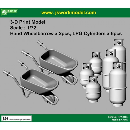 1/72 3D Print Hand Wheelbarraw (2pcs), LPG Cylinders (6pcs)