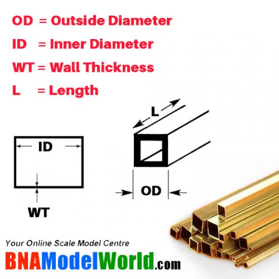 Square Brass Tube - OD: 3mm, L: 300mm, WT: 0.45mm (2pcs)