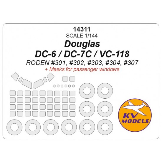 1/144 DC-6/DC-7C/VC-118 Passengers Windows & Wheels Masks for Roden #301/302/303/304/307