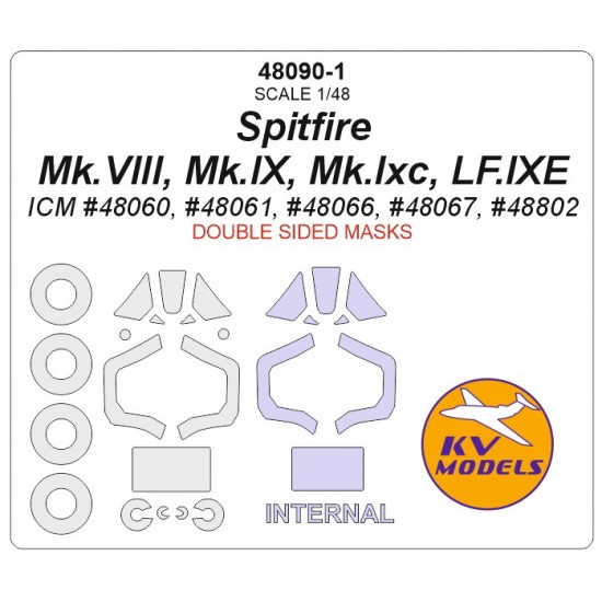 1/48 Spitfire Mk.VIII, Mk.IX, Mk.Ixc, LF.IXE Masks for ICM (Double sided) w/Wheels Masks