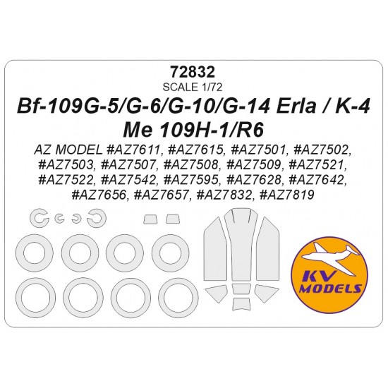 1/72 Bf-109G-5/G-6/G-10/G-14 Erla/K-4/Me 109H-1/R6 Masks for AZ Model