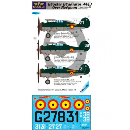 1/48 Gloster Gladiator Mk.I over Belgium 3 Decal Options for Eduard/Merit/Roden
