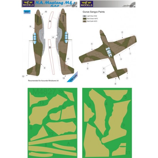 1/48 N.A. Mustang Mk.I RAF Camo Painting Masks for Accurate Miniatures kit