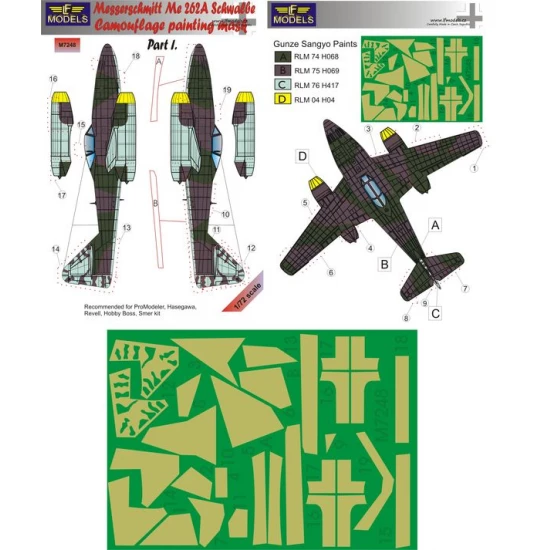 1/72 Messer Me 262A Schwalbe Part I. Camo Mask for Hasegawa/Revell/Hobby Boss