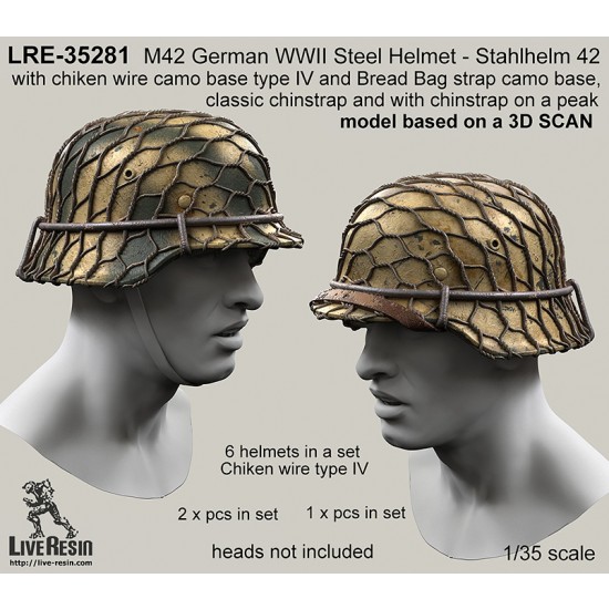 1/35 German Steel Helmets M42-Stahlhelm 42 w/Bread Bag Strap&Chiken Wire Camo Base Type IV