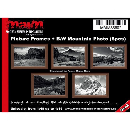 1/48 - 1/16 Picture Frames + Black and White Mountain Photos (5pcs)