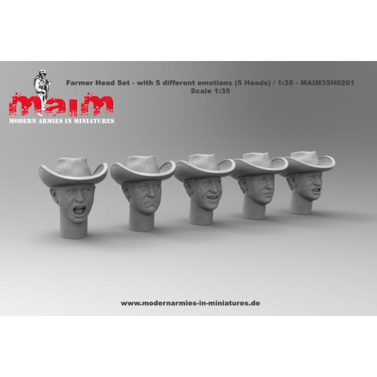 1/35 Farmer Head Set with 5 Different Emotions (5 Heads, resin)