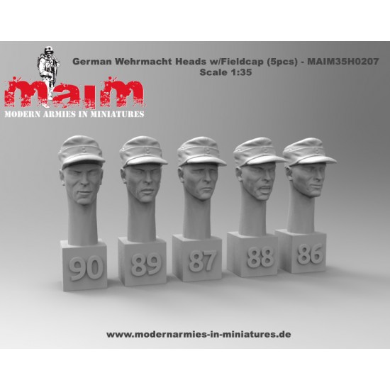 1/35 German Wehrmacht Heads w/Fieldcap and with 5 Different Emotions (5 Heads, resin)
